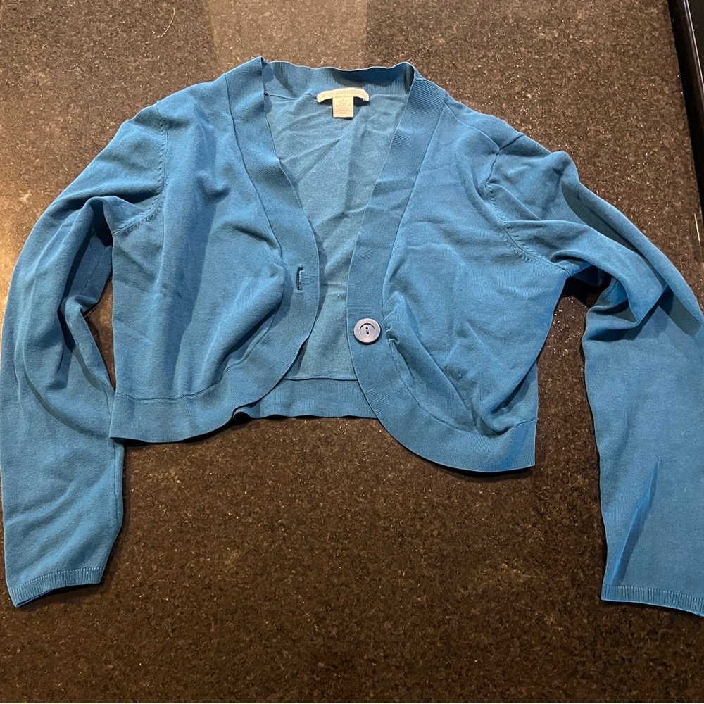 Petite Sophisticate Blue Cropped Cardigan with Long Sleeves